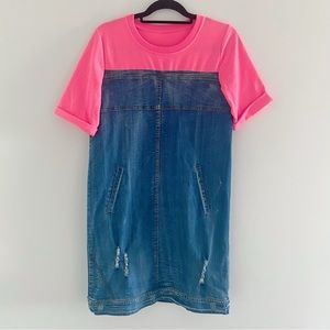 Contrasting Color Shift Dress T-shirt to Denim  Pullover Short Sleeves Pockets